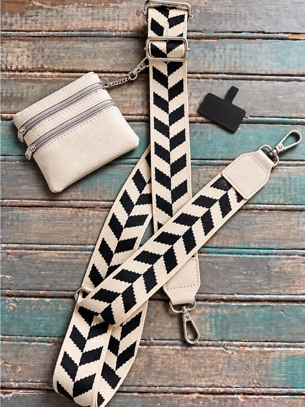 Cream & Black Geometric Phone Crossbody Strap with Mini Wallet